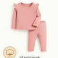 Plush Shoulder Frill Style Ribbed Knit Basic Set - Light Pink