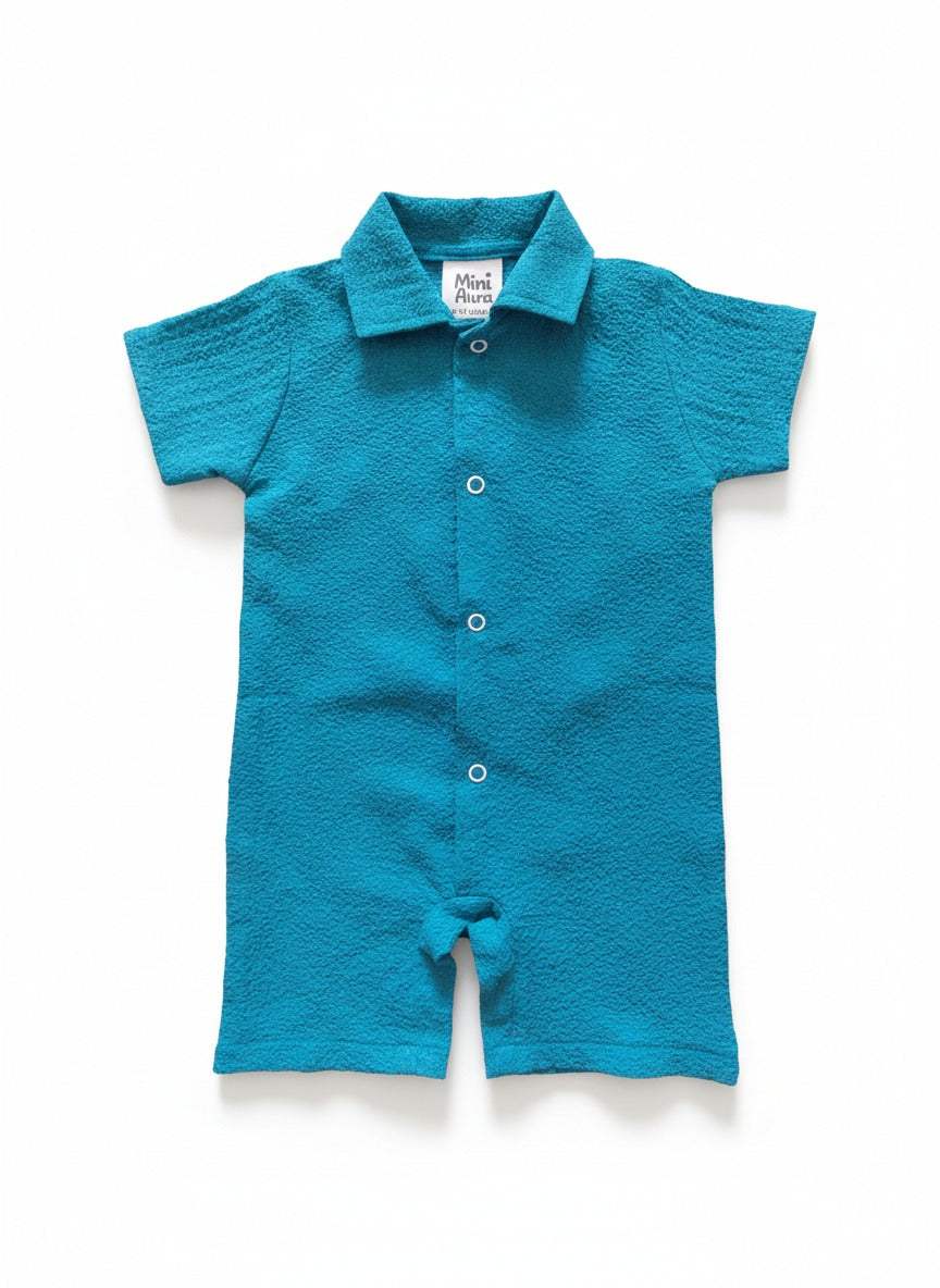 Mini Aura Boys Textured Romper (Classic Collar) – Teal Blue