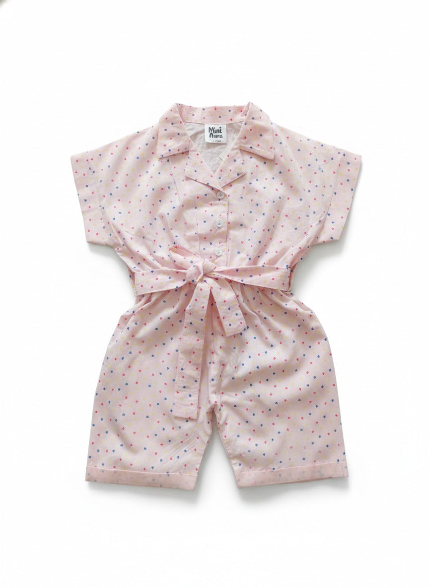MINI AURA Girls Polka Dot Jumpsuit with Waist Belt – Pink