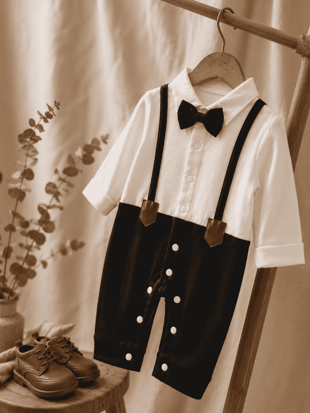 Baby Boy Bow Tie Romper | Polo Collar Suspender Bodysuit – Black Interlock