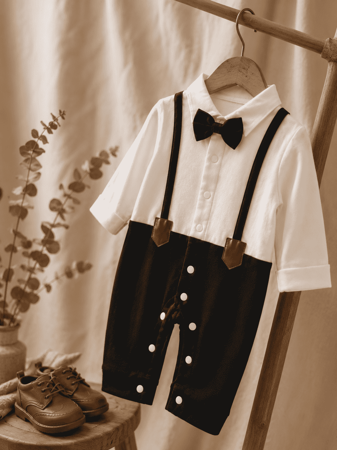 Baby Boy Bow Tie Romper | Polo Collar Suspender Bodysuit – Black Interlock