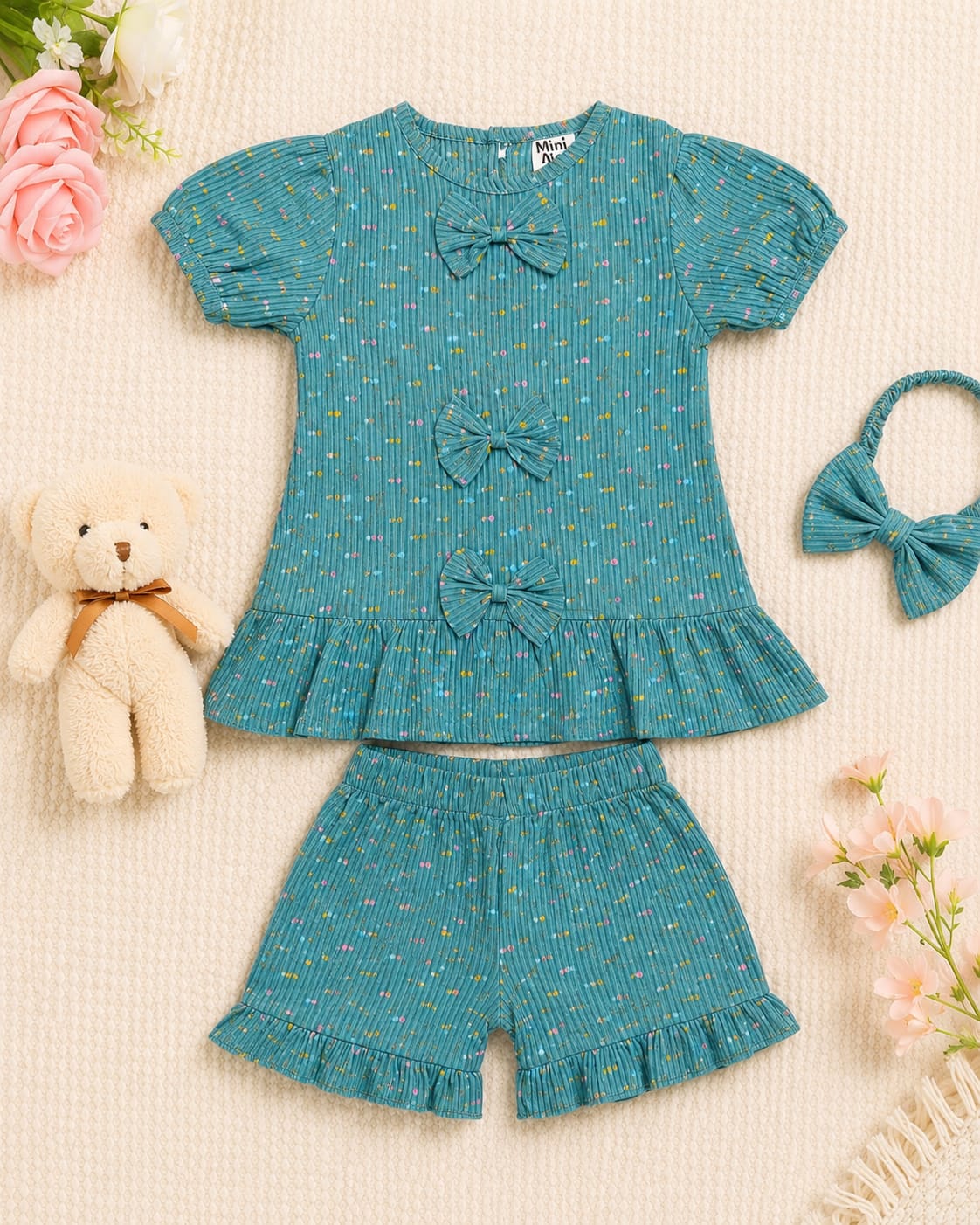 Mini Aura Girls Top and Shorts Set (Mini Floral Bow) – Teal