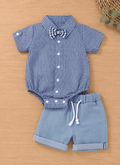 Mini Aura Gingham Check Onesie with Bow Tie & Denim Shorts for Baby Boy