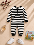 Plush-Printed Romper - Black Stripes with front pocket