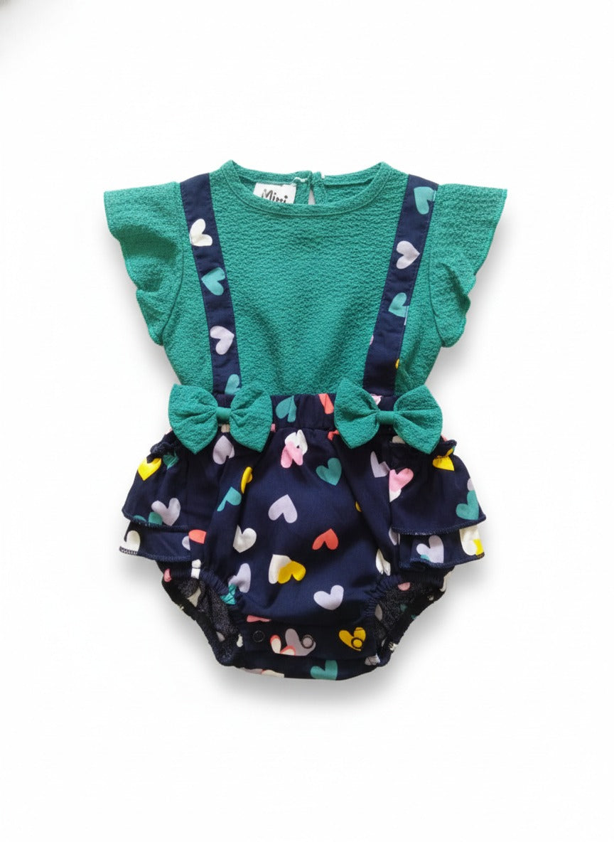 Mini Aura Girls Textured Contrast Romper (Heart Print ) – Teal Blue