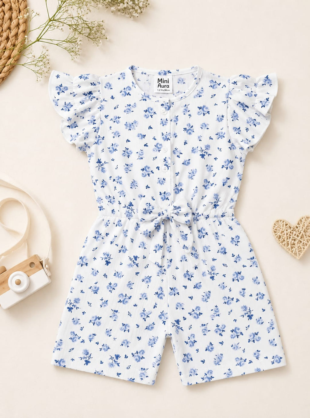 Mini Aura Girls Playsuit (Blue Floral Waist Tie) – White & Blue