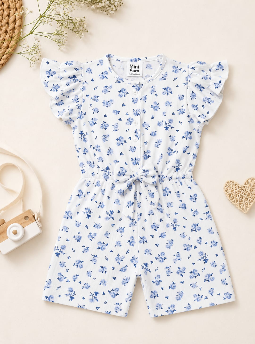 Mini Aura Girls Playsuit (Blue Floral Waist Tie) – White & Blue