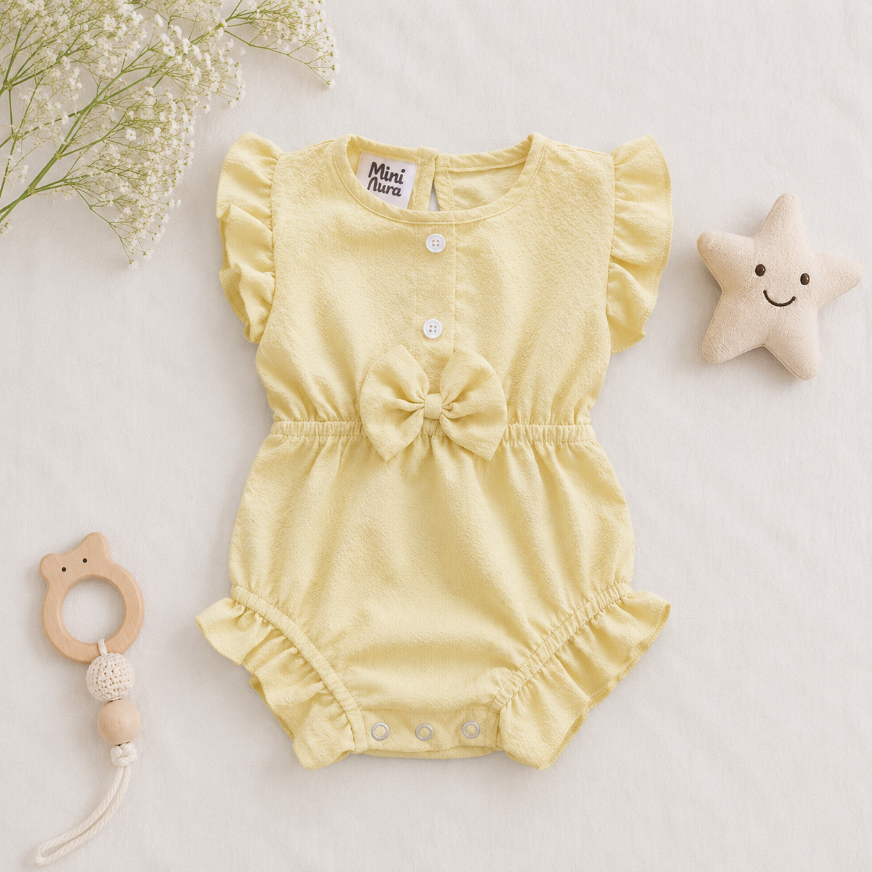 MINI AURA Girls Textured Frill Romper ( Plain ) – Butter Yellow
