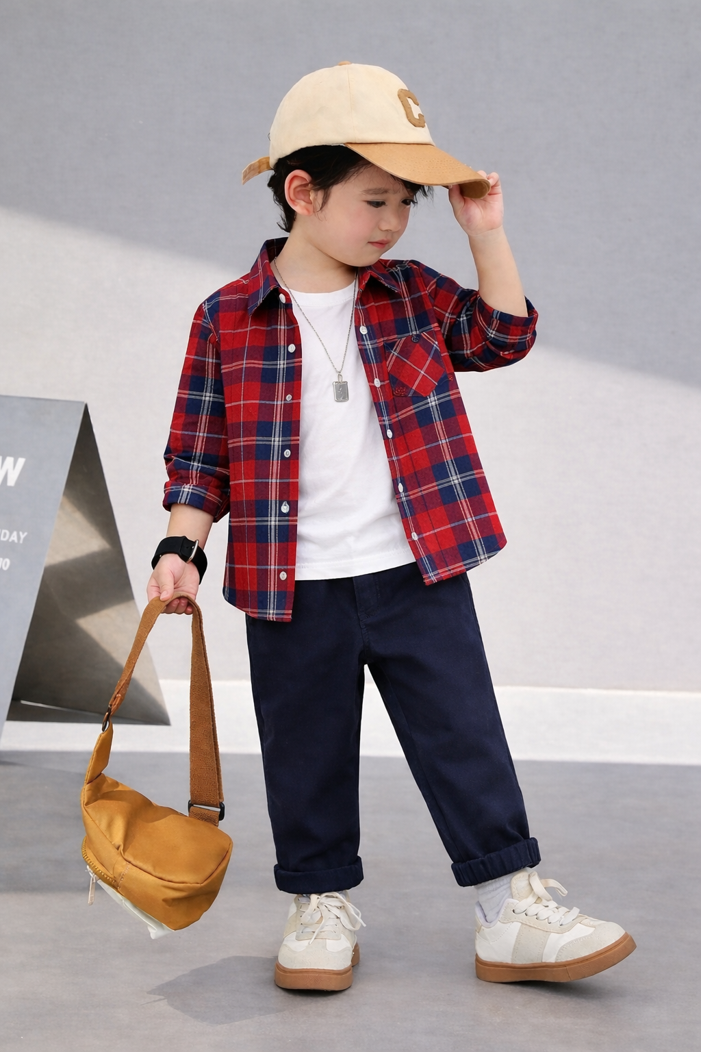 BOYS RED & NAVY PLAID SHIRT AND NAVY JOGGER SET