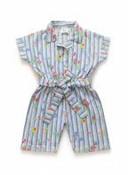 MINI AURA Girls Striped Floral Jumpsuit with Waist Belt – Blue & White