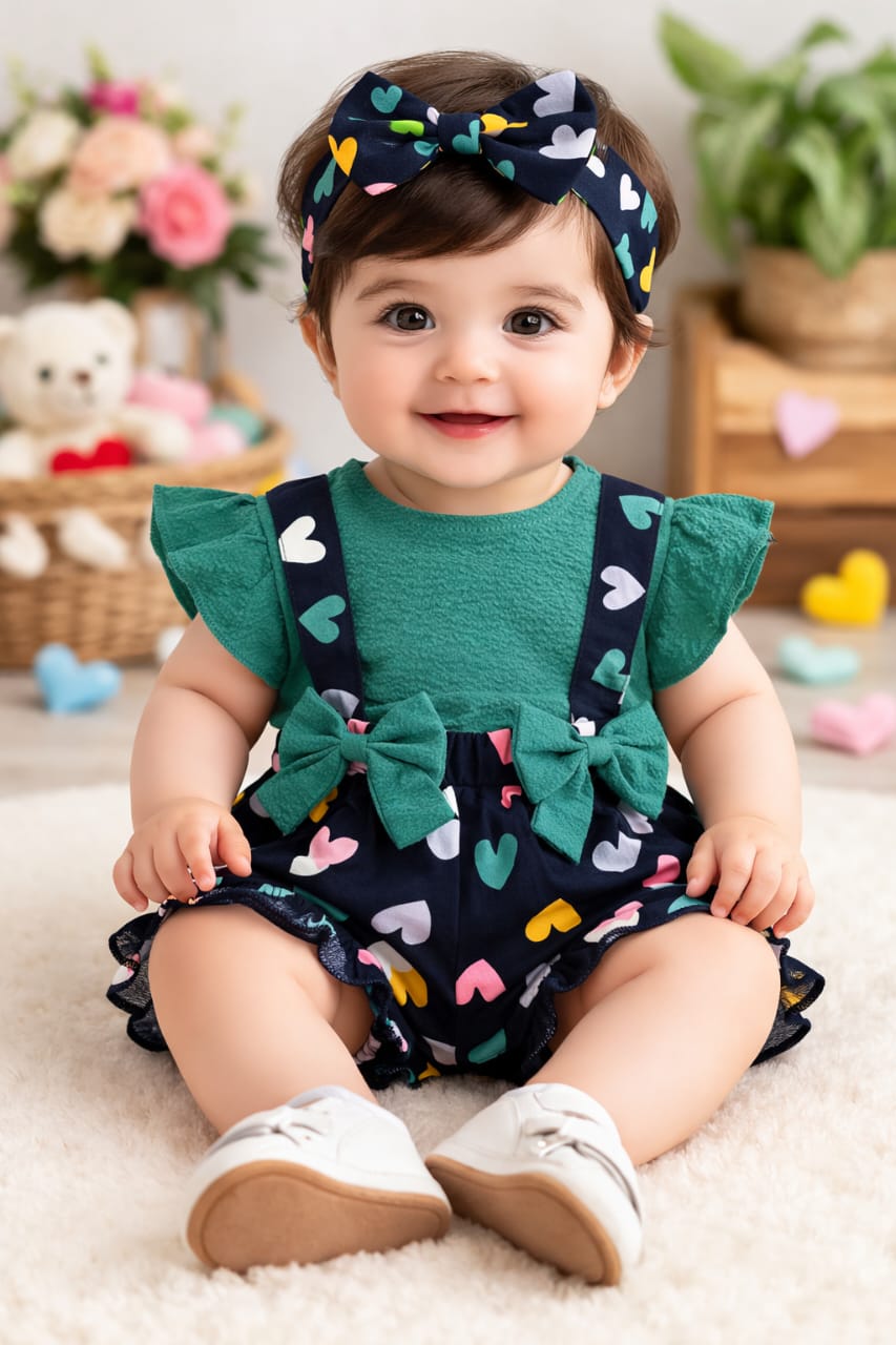 Mini Aura Girls Textured Contrast Romper (Heart Print ) – Teal Blue