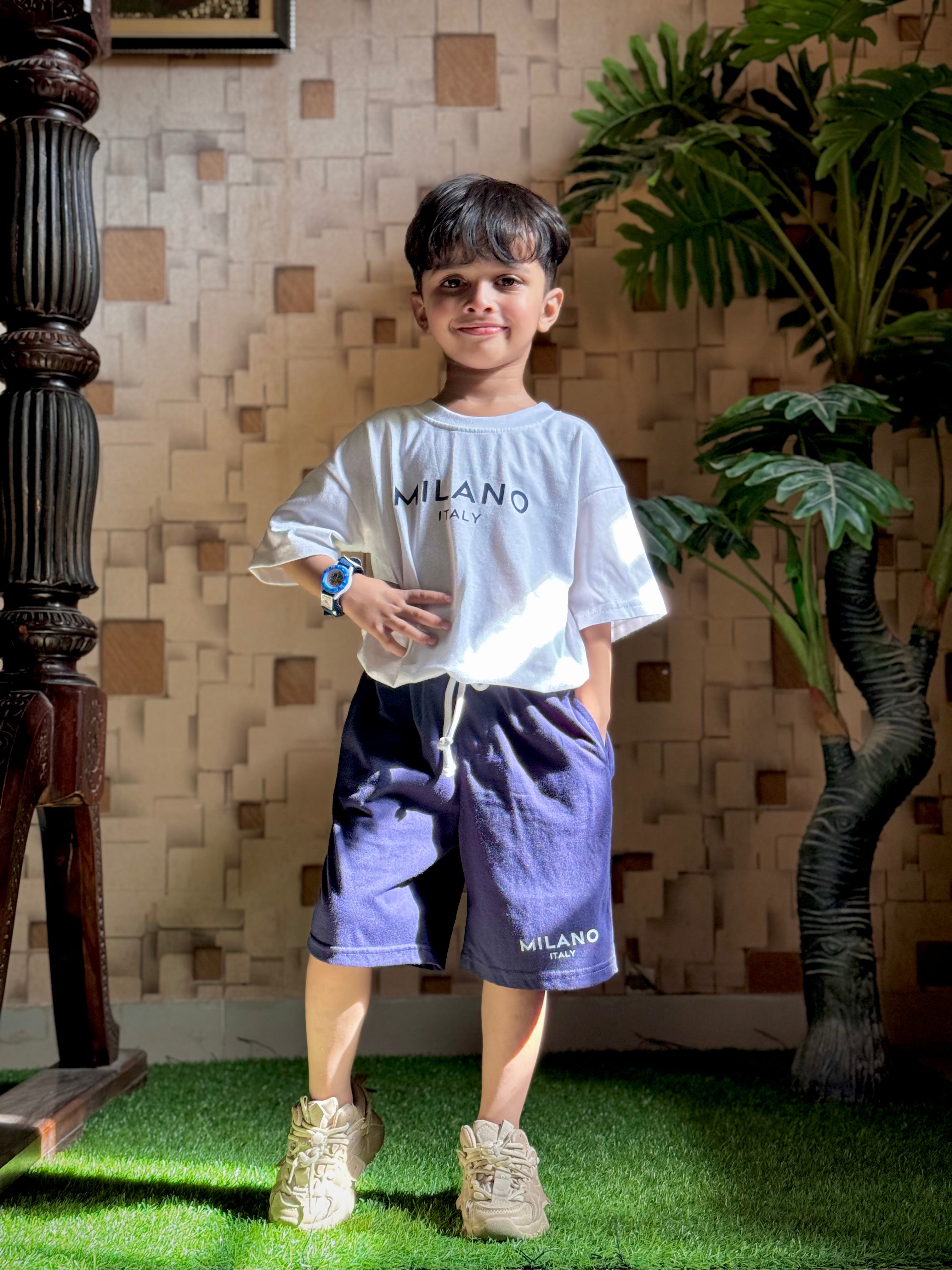 Nifty Basics Boys T-Shirt and Shorts Set (Milano Italy) – White & Navy