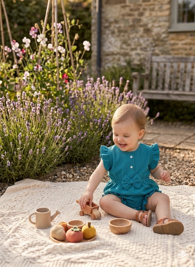 Mini Aura Girls Textured Frill Romper – Teal Blue