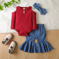 PatPat 3pcs Baby Off Shoulder Long-sleeve Ribbed Romper and Bell Bottom Jeans Set