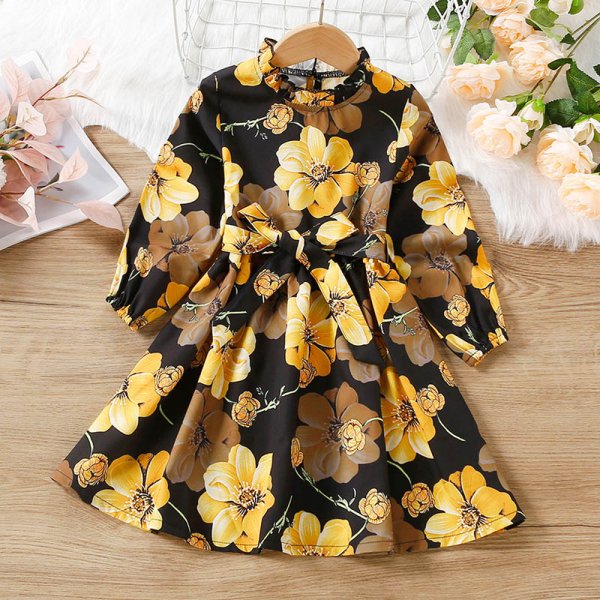 Riolio-Kids Girls Floral Print Frilled Neck Lantern Sleeve Tie Dress