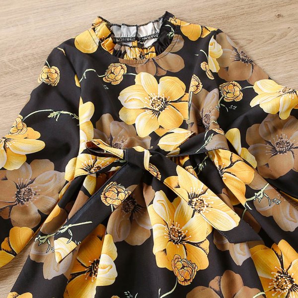 Riolio-Kids Girls Floral Print Frilled Neck Lantern Sleeve Tie Dress