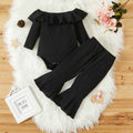 PatPat Baby Girl 2pcs Solid Ribbed Ruffle Long-sleeve Romper and Flared Pants Set