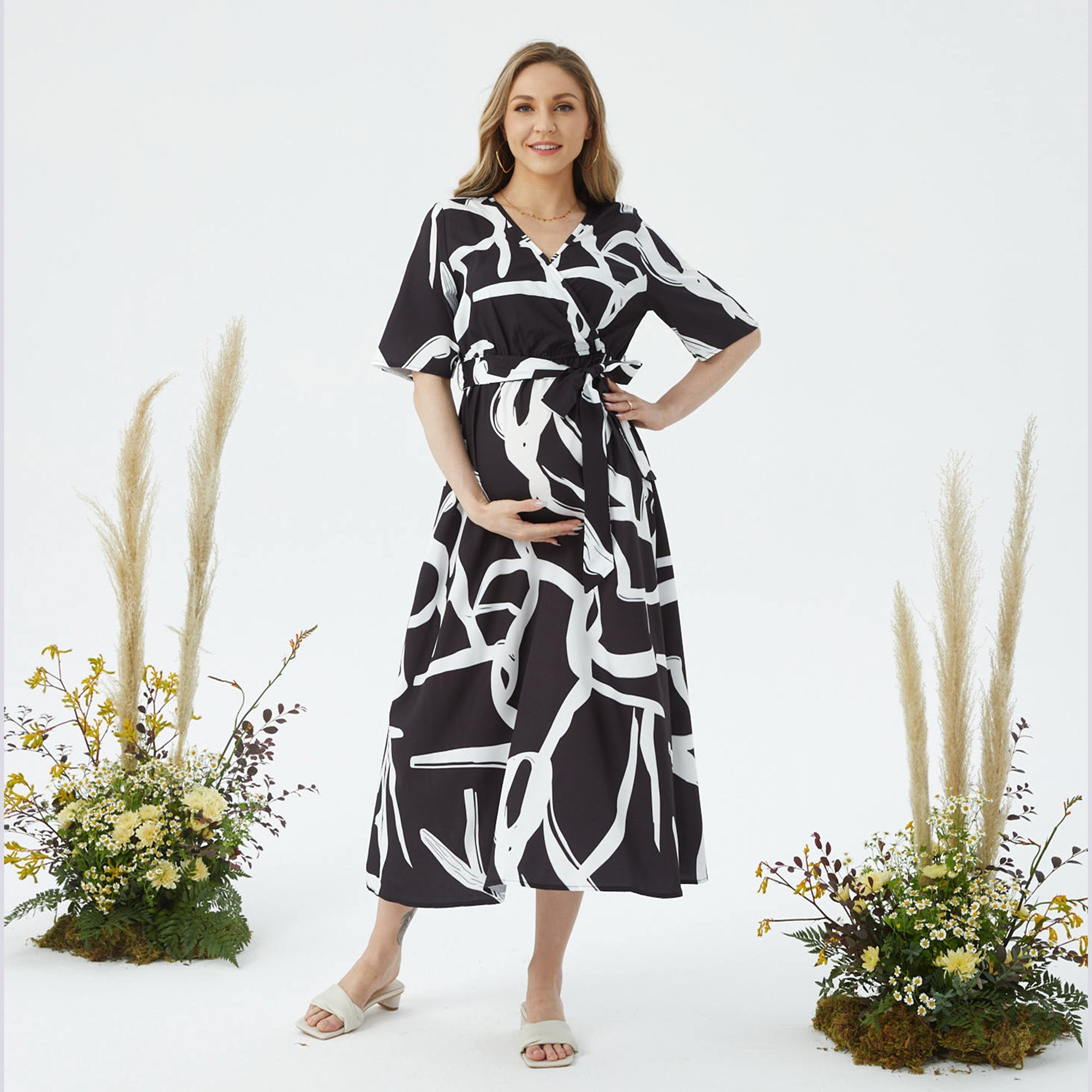 PatPat Nursing Geometric Pattern Short-sleeve Wrap Belted Dress
