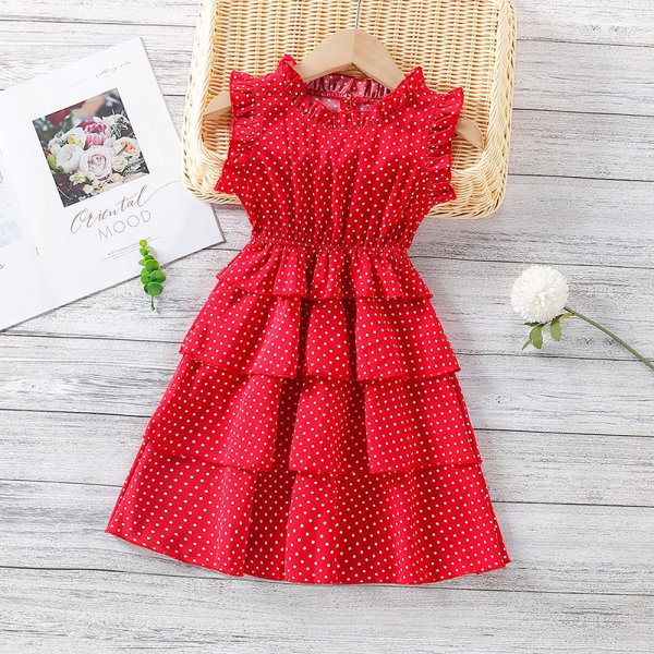 Riolio - Toddler Girl Polka Dot Ruffle Armhole Tiered Dress