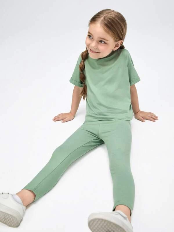 Plush-Premium Girls Casual Wear P/J Set Drop Shoulder Green
