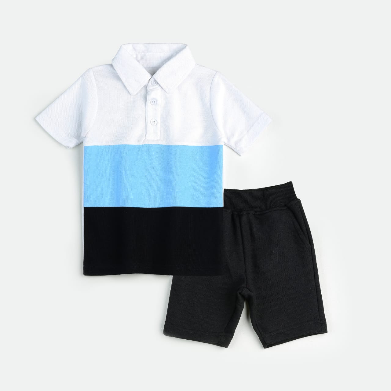 Plush-Baby Plaid Polo Shirt & Shorts-Blue/Black/White