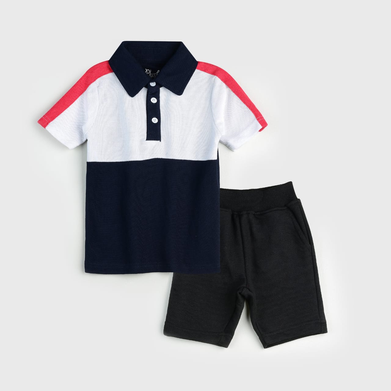 PLUSH-Kids Polo Shirt & Shorts-White/Black/Red