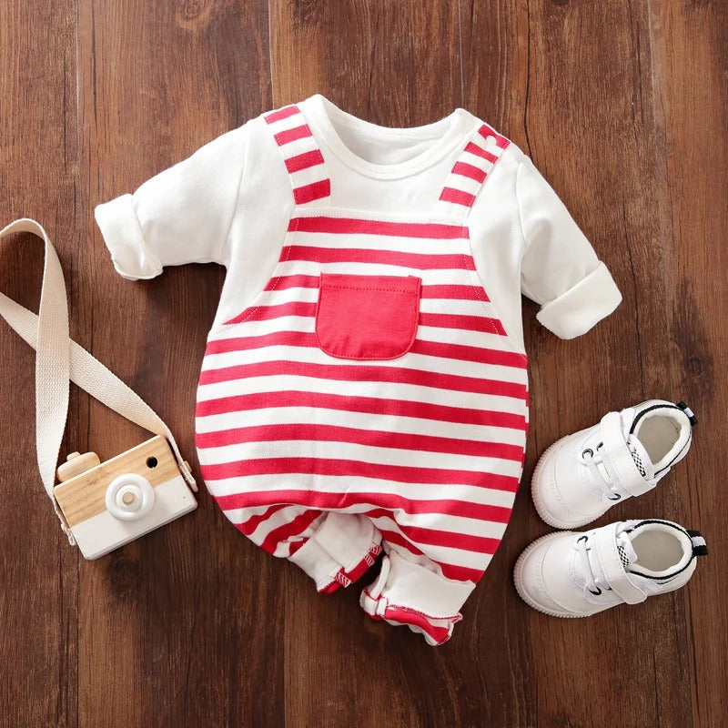 Plush-Printed Rompers - Striped - Red