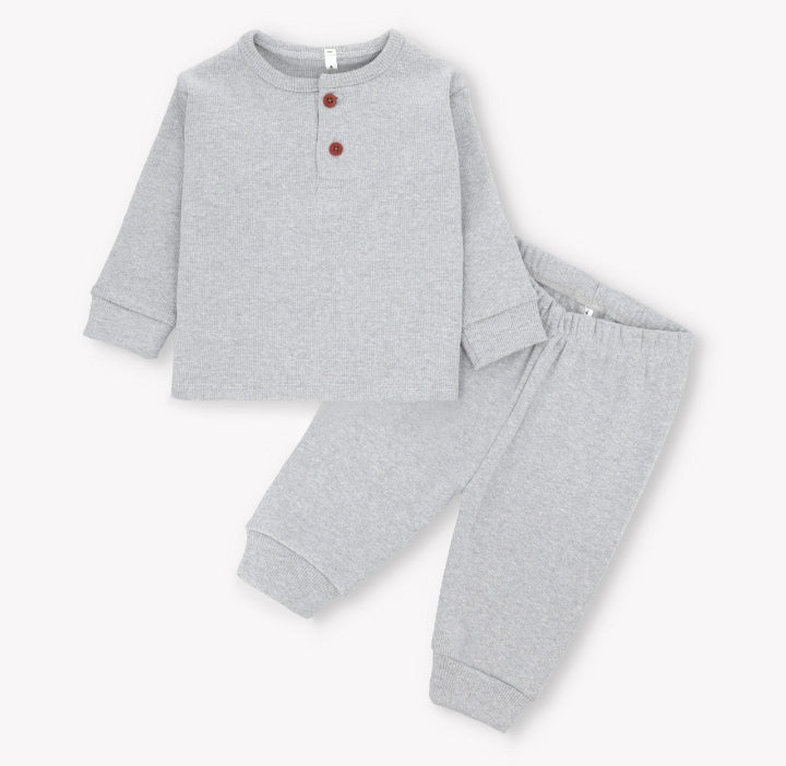 Plush-Waffle Textured Basic PJ Set-Grey