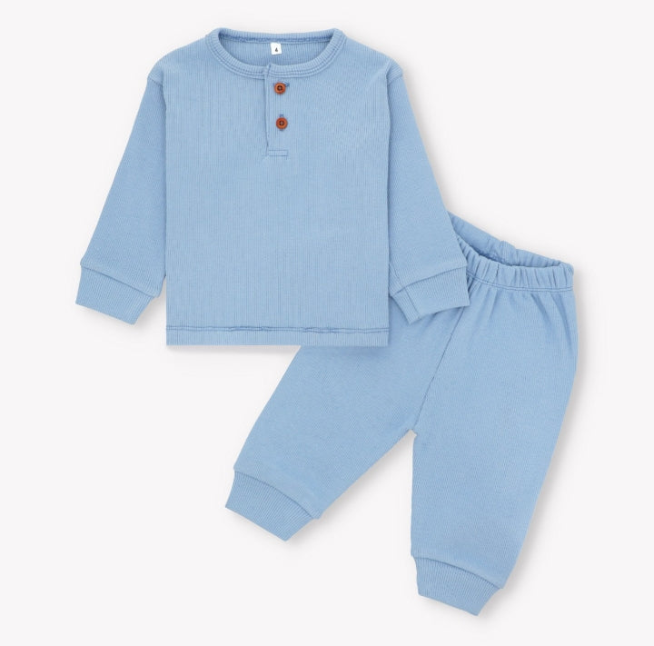 Plush-Waffle Textured Basic PJ Set-Blue