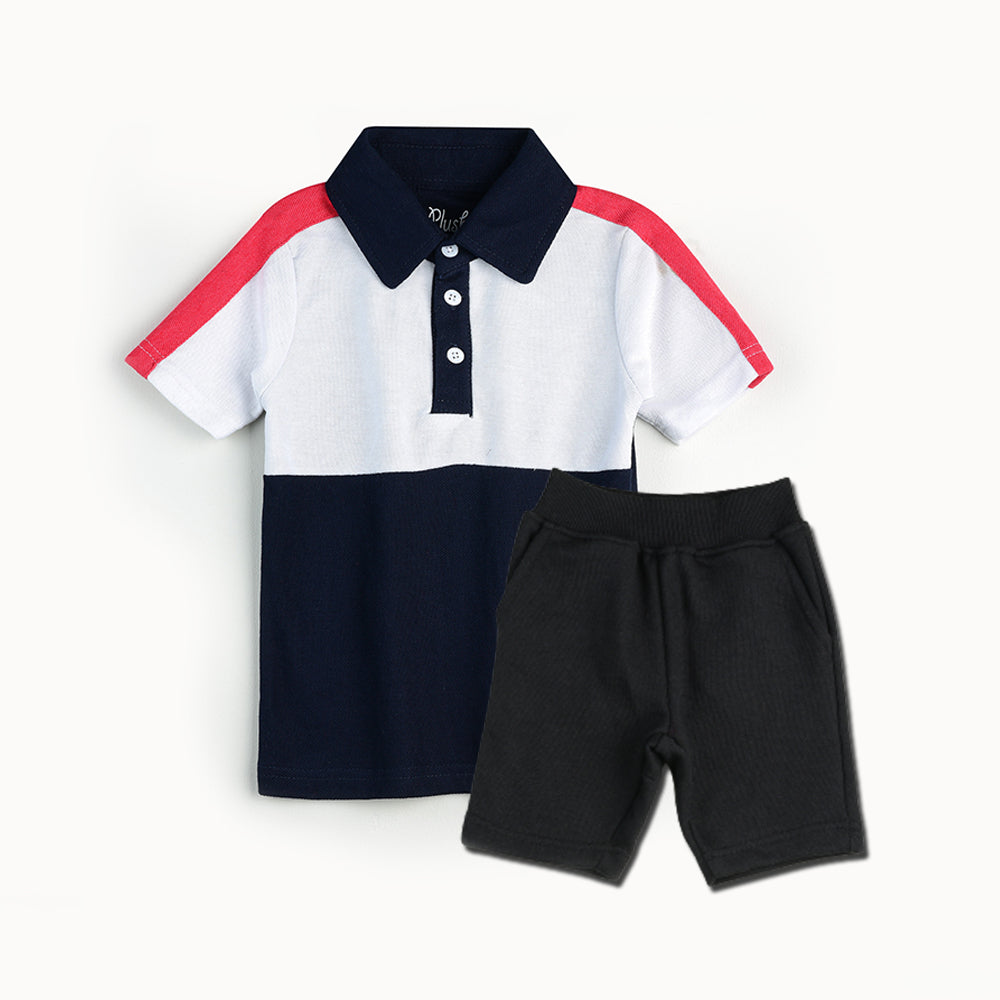 PLUSH-Kids Polo Shirt & Shorts-White/Black/Red