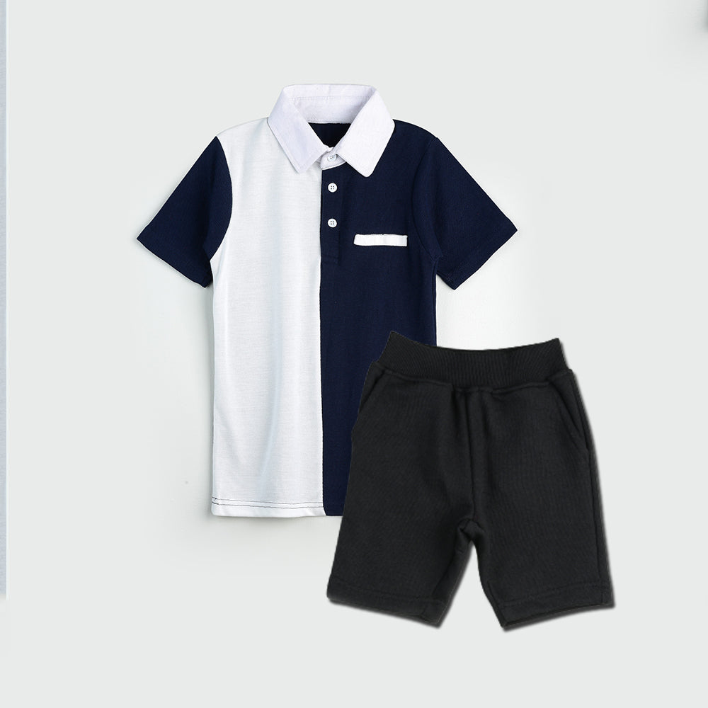 Plush-Baby Plaid Polo Shirt & Shorts-White/Black