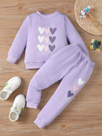 Plush Round Neck - Hearts Fleece Basic Set Purple