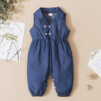 Plush-Sleeveless Denim Romper with Collars and Button Detail