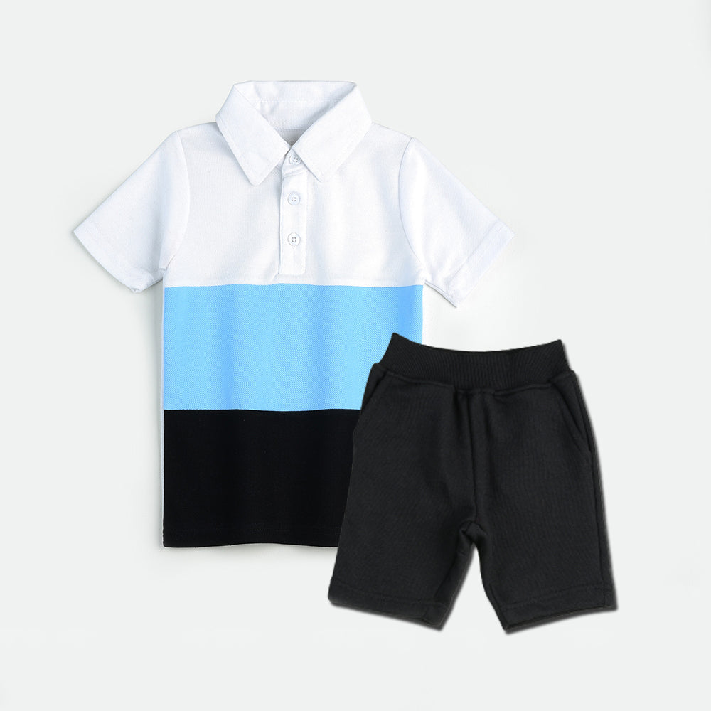 Plush-Baby Plaid Polo Shirt & Shorts-Blue/Black/White