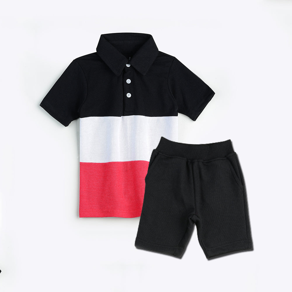 Plush-Baby Plaid Polo Shirt & Shorts-Red/Black/White